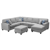 Willowleaf 7Pc Modular Sectional Chaise and Ottoman in Light Gray Linen