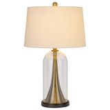150W 3 way Camargo glass/metal table lamp with hardback taper drum fabric shade, Glass/Antique Brass