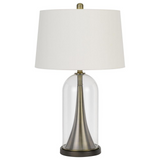150W 3 way Camargo glass/metal table lamp with hardback taper drum fabric shade, Glass/Antique Brass