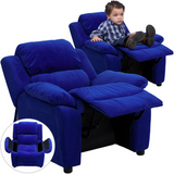 Deluxe Padded Contemporary Blue Microfiber Kids Recliner with Storage Arms