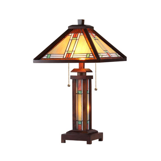 AARON Tiffany-style 3 Light Mission Double Lit Wooden Table Lamp 15