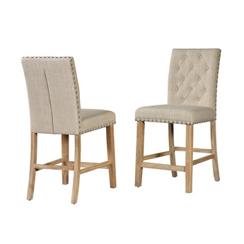 Beige Linen Tufted Counter Height Dining Chairs, set of 2, Rustic Finish