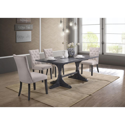 Essex 5 Piece Dining Set, Weathered Gray Dining Table & 5 Side Chairs in Beige Linen