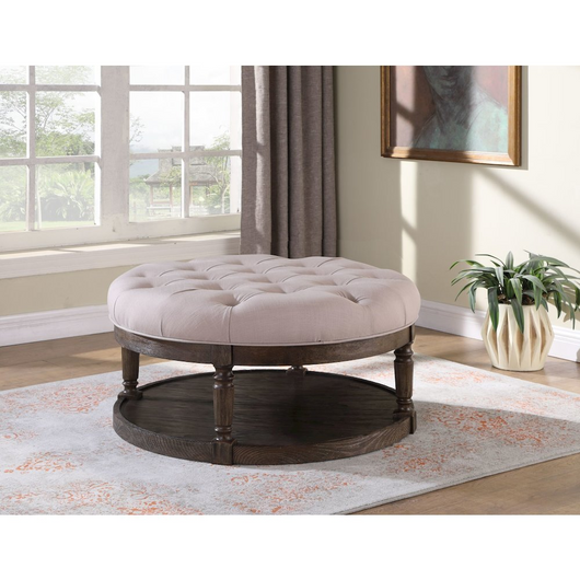Round Beige Linen Tufted Upholstered Ottoman