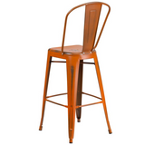 Commercial Grade 30" High Distressed Orange Metal Indoor-Outdoor Barstool with Back