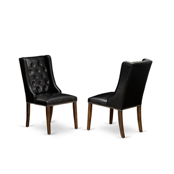 Set of 2 Dining Chairs - Black Linen/ Button Tufted Back with Distressed Jacobean Rubber Wood Legs