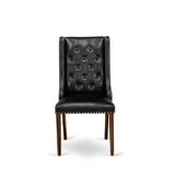 Set of 2 Dining Chairs - Black Linen/ Button Tufted Back with Distressed Jacobean Rubber Wood Legs