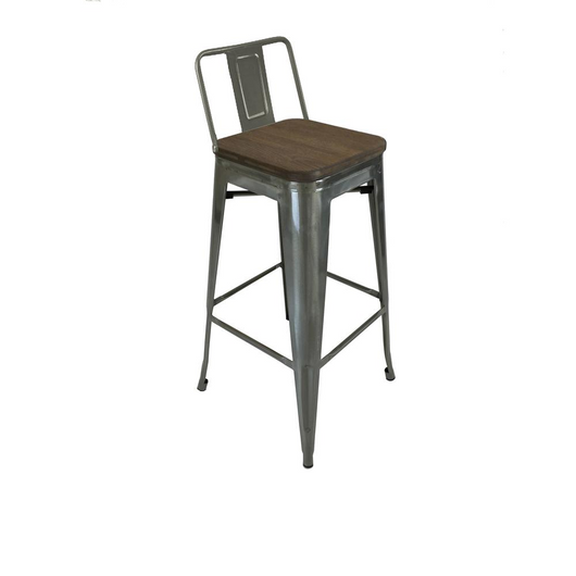 Metal Barstool W/ Backrest+Wood Seat, Natural - Set of 4