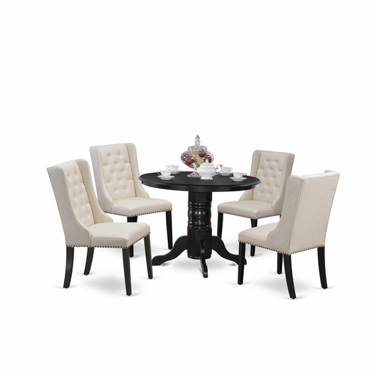 5-Piece Dining Set -1 Pedestal Dining Table, 4 Cream Linen Upholstered Dining Chairs W/Button Tufted Back - Black Finish