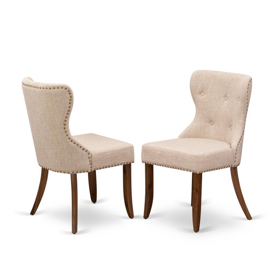 Set of 2 Upholstered Dining Chairs Antique Walnut Hardwood Frame W/Light Tan Linen Fabric Nailhead Button Tufted Back