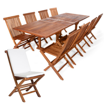 9-Piece Twin Butterfly Leaf Teak Extension Table Folding Chair Set with White Cushions