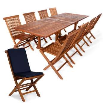 9-Piece Twin Butterfly Leaf Teak Extension Table Folding Chair Set with Blue Cushions