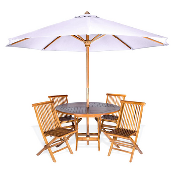 6-Piece 4-ft Teak Round Folding Table Set with Royal White Umbrella