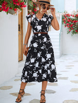 Roma Floral Frill Trim V-Neck Tiered Midi Dress