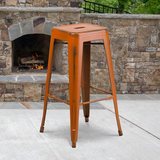 Commercial Grade 30" High Backless Distressed Orange Metal Indoor-Outdoor Barstool