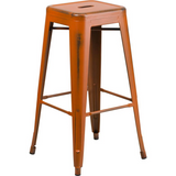 Commercial Grade 30" High Backless Distressed Orange Metal Indoor-Outdoor Barstool