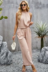 Grecian Neck Sleeveless Pocketed Top and Pants Set