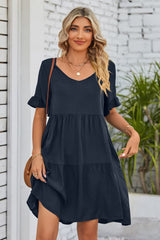 Charlize V-Neck Flounce Sleeve Tiered Dress