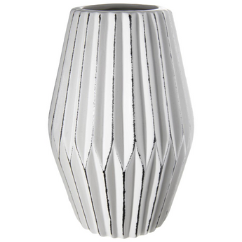 Ceramic Round Vase with Spike Patterned, Distressed Edges Design Body and Tapered Bottom Matte Finish White