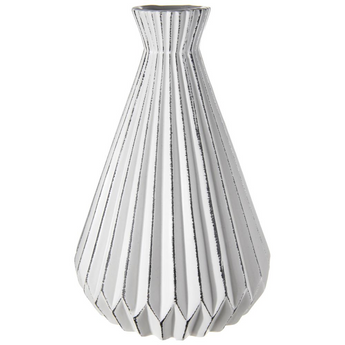 Ceramic Round Bellied Vase with Trumpet Mouth, Spike Patterned, Distressed Edges Design Body Matte Finish White