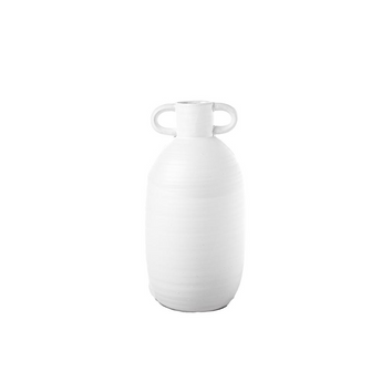 Ceramic Round Bellied Bottle Vase with Side Ring Handles Matte Finish White, Large