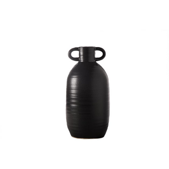 Ceramic Round Bellied Bottle Vase with Side Ring Handles Matte Finish Black, Large