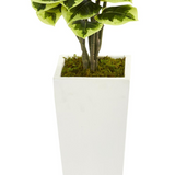 Variegated Rubber Leaf Artificial Plant in White Tower Vase