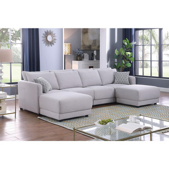 Penelope Light Gray Linen Fabric 4-Seater Sofa with 2 Ottoman and Pillows