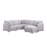Penelope Light-Gray Linen Fabric L-Shape Sectional Sofa with Ottoman and Pillows