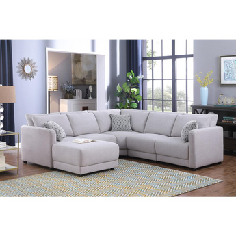 Penelope Light-Gray Linen Fabric L-Shape Sectional Sofa with Ottoman and Pillows