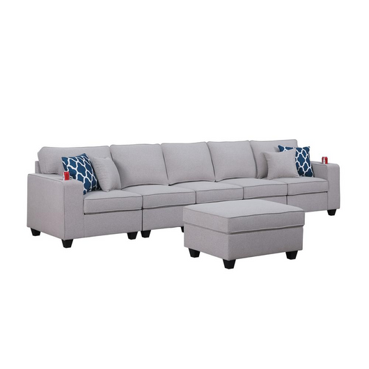 Cooper Light Gray Linen 5-Seater Sofa with Ottoman & Cupholder