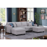 Cooper Light Gray Linen 4-Seater Sofa with 2 Ottomans and Cupholder
