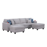 Cooper Light Gray Linen 4-Seater Sofa with 2 Ottomans & Cupholder