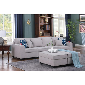 Cooper Light Gray Linen 4-Seater Sofa with 2 Ottomans & Cupholder