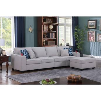 Cooper Light Gray Linen 4-Seater Sofa with Ottoman and Cupholder