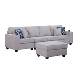 Cooper Light Gray Linen 4-Seater Sofa with Ottoman & Cupholder