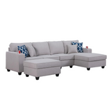 Cooper Light Gray Linen 5Pc Sectional Sofa Chaise with Ottoman and Cupholder