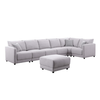Penelope Light Gray Linen Fabric 7Pc Modular Sectional Sofa with Ottoman and Pillows