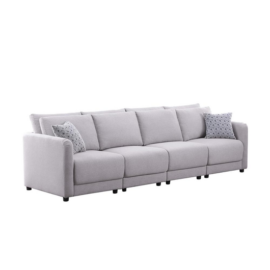 Penelope Light Gray Linen Fabric 4-Seater Sofa with Pillows
