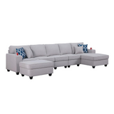 Cooper Light Gray Linen 6Pc Sectional Sofa Chaise with Ottoman and Cupholder