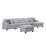 Cooper Light Gray Linen 6Pc Sectional Sofa Chaise with Ottoman and Cupholder