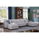Cooper Light Gray Linen 5-Seater Sofa with 2 Ottomans and Cupholder