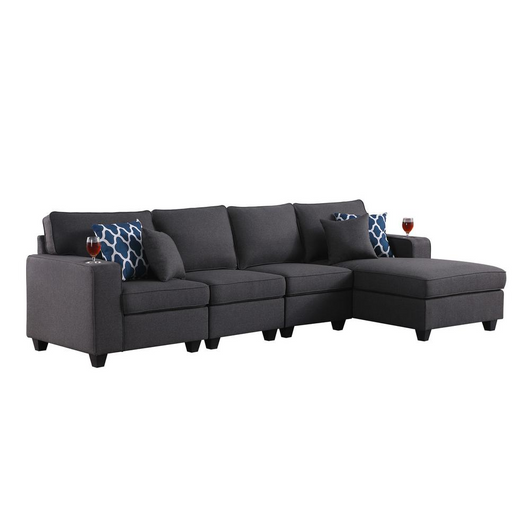 Cooper Dark Gray Linen 4Pc Sectional Sofa Chaise with Cup Holder