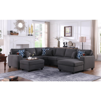 Cooper Dark Gray Linen 7Pc Modular Sectional Sofa Chaise with Ottoman and Cupholder