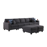 Cooper Dark Gray Linen 5-Seater Sofa with 2 Ottomans and Cupholder