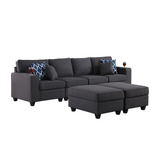 Cooper Dark Gray Linen 4-Seater Sofa with 2 Ottomans and Cupholder