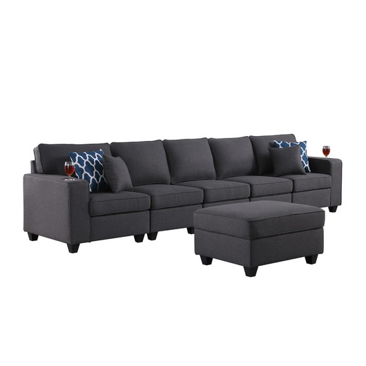 Cooper Dark Gray Linen 5-Seater Sofa with Ottoman & Cup holders