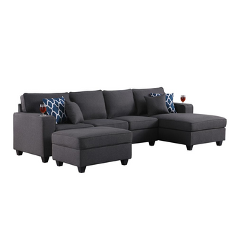 Cooper Dark Gray Linen 5Pc Sectional Sofa Chaise with Ottoman and Cupholder