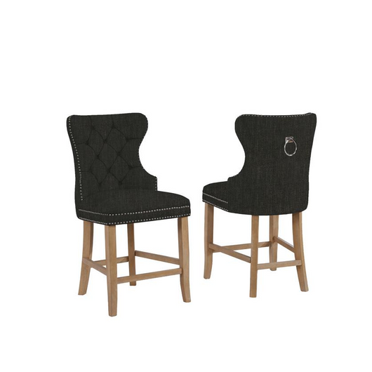 Dark Gray Linen Counterheight Chairs with Rustic Wood