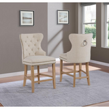 Beige Linen Counterheight Chairs with Rustic Wood